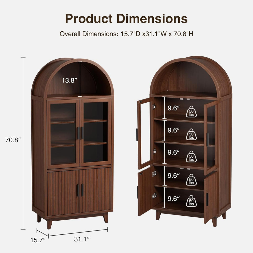Kitchen Pantry Cabinet with Glass Doors, Arched Design,Walnut | Solid Wood Legs, Artistic Fluted Doors, Adjustable