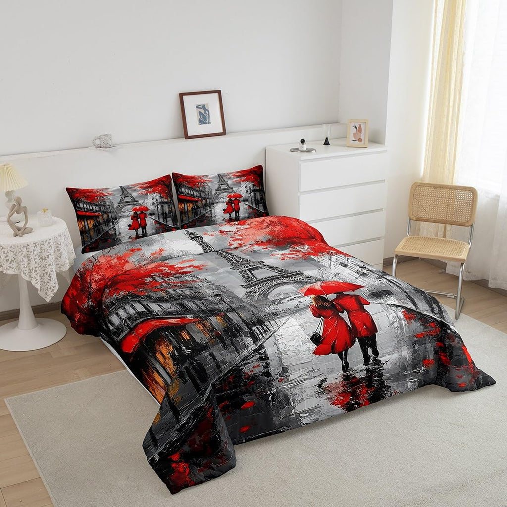 Paris Eiffel Tower Comforter Set Decor, Retro French Cityscape Bedding Set Twin Oil Painting Duvet Set, Paris Gifts