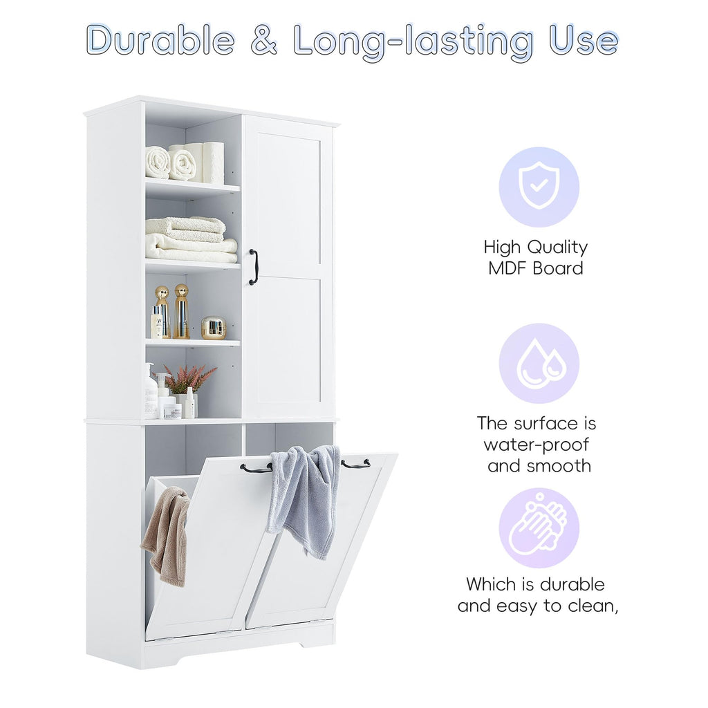 Cabinet with Tilt-Out Laundry Hamper Basket, Tall Bathroom Storage Organizer Linen with Open Shelf, Freestanding