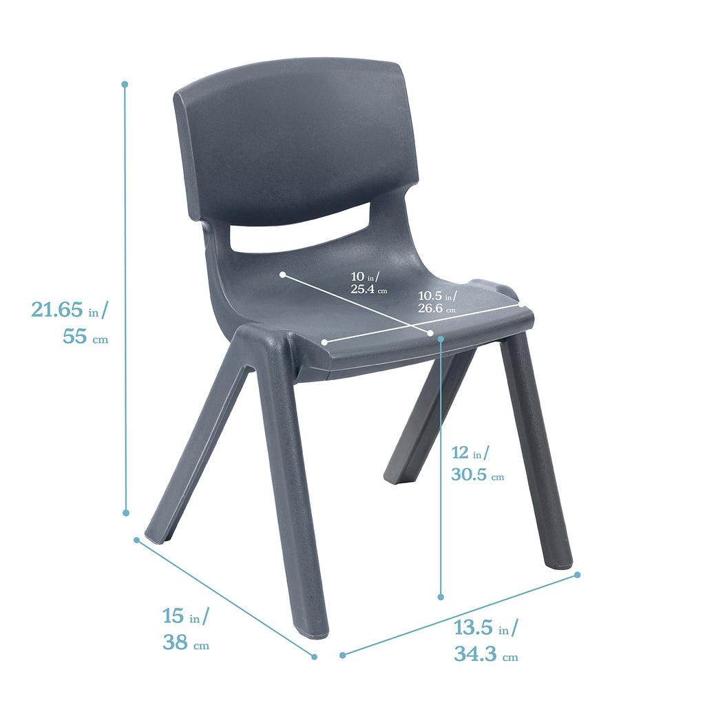 12in Plastic School Stack Chair, Classroom Furniture, Grey, 4-Pack