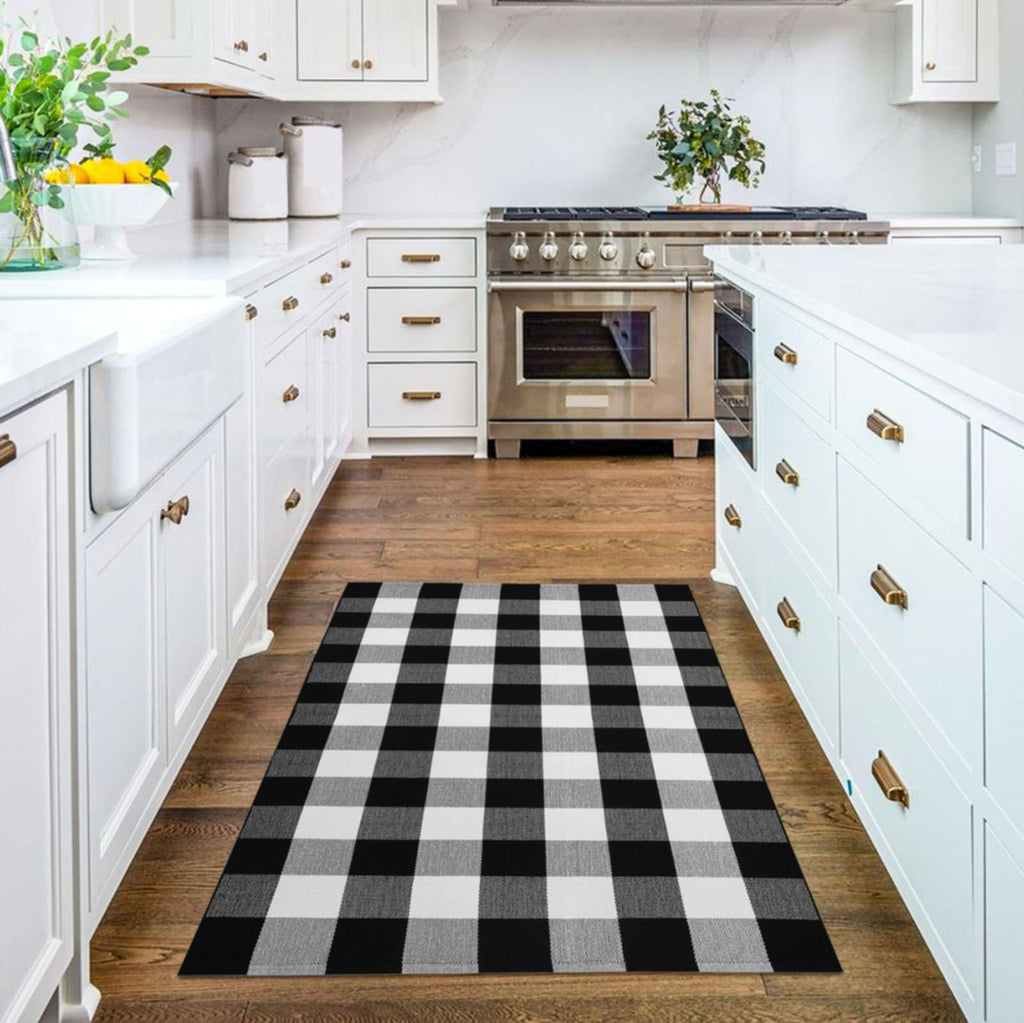 Buffalo Plaid Checkered Rug 3x5 ft Black White Front Door Rug