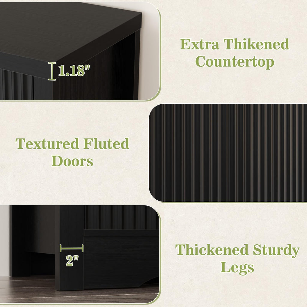 55" Fluted Sideboard Buffet Cabinet with Drawers (Black, 4 Doors)