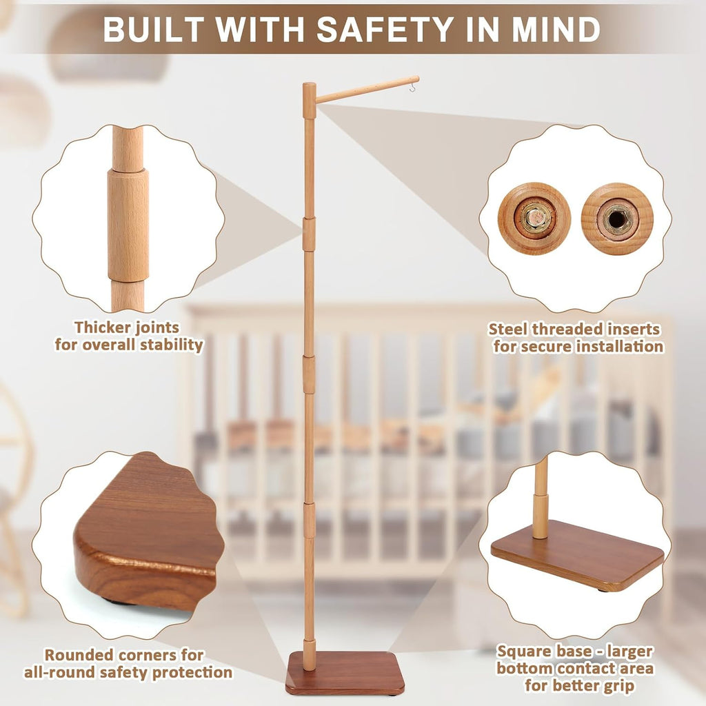 Floor-Standing Crib Mobile Arm with Music Box - 65 Inch Mobile Arm for Crib - 100% Beech Wood - Crib Mobile Motor