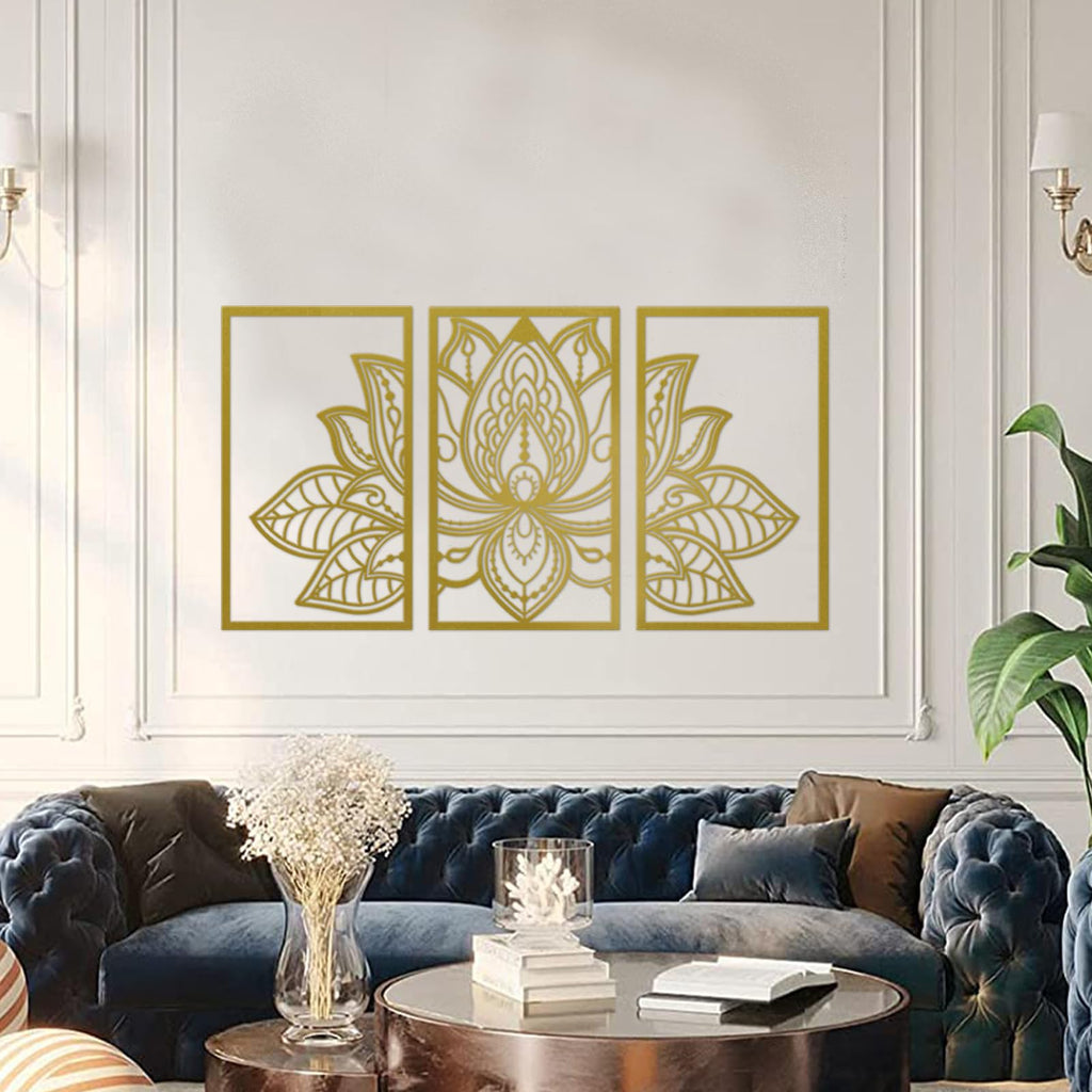 3Pcs Gold Lotus Mandala Metal Flower Wall Decor (32" x 17")