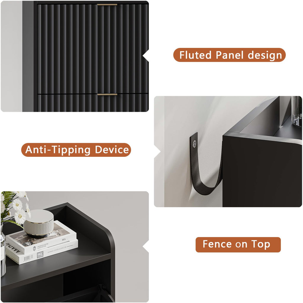 Black Fluted Shoe Cabinet, Narrow Entryway Storage Rack Organizer