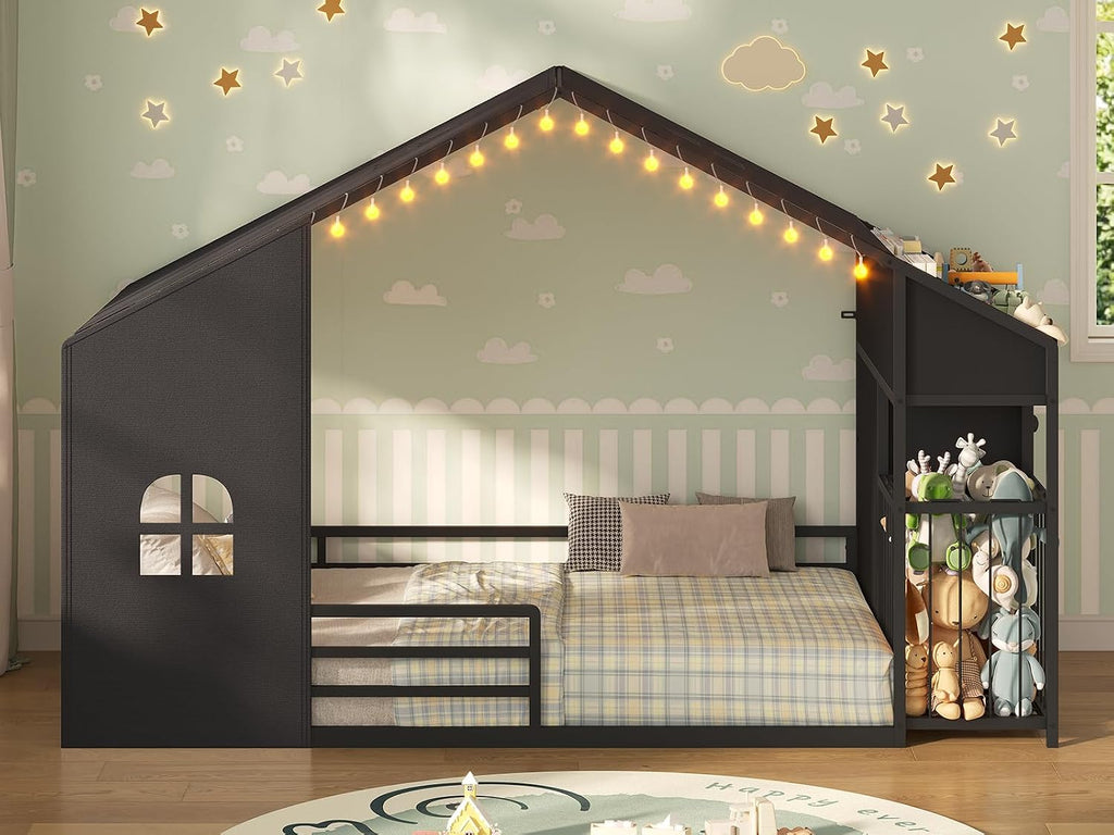 Montessori Twin Size Floor Bed, House Shape Bed, Tent, Children's Night Light, Toy Storage Cabinets, Drawer, Picture