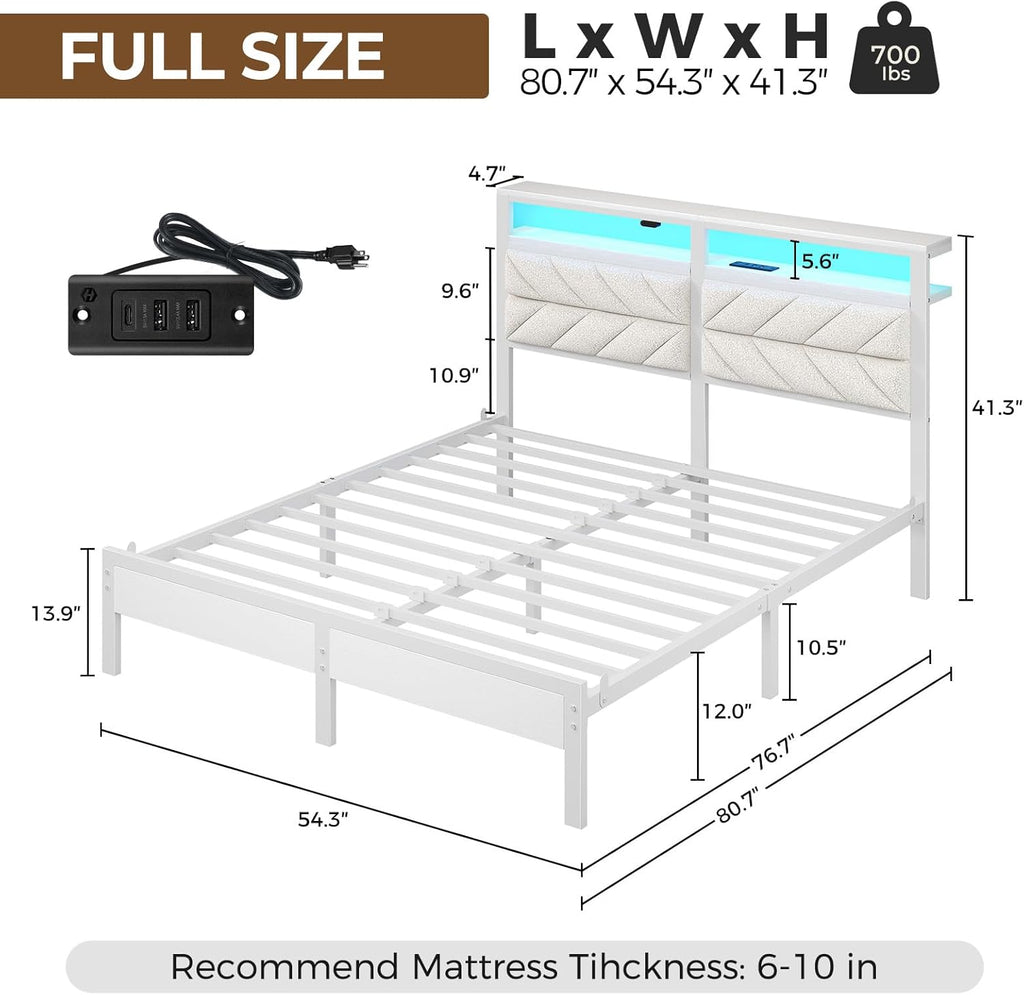Bed Frame Full with Charging Station, LED Bed with Upholstered Storage Headboard