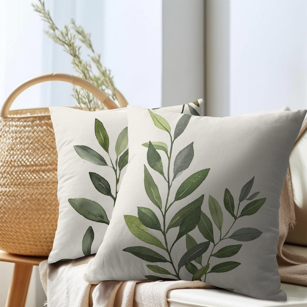 Olive Leaves Throw Pillow Covers 22x22 Inch Rustic Green Leaf Grey Square Pillowcases Cotton Linen Cushion Cover for