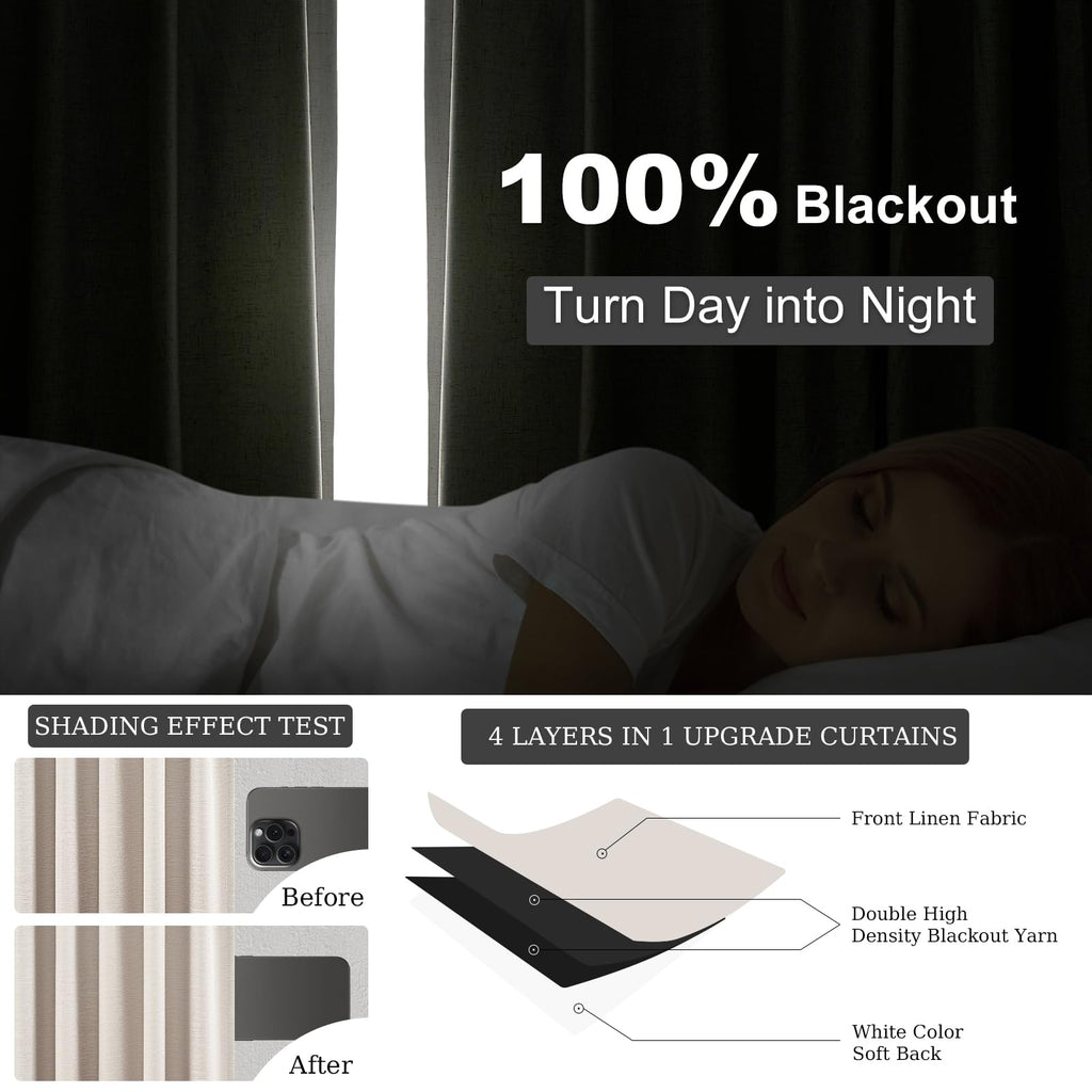 94 Inch Long Sun Blocking Curtains with Hooks Linen Blend, Custom Made Blackout Drapes for Tall Window, Pinch Pleat for