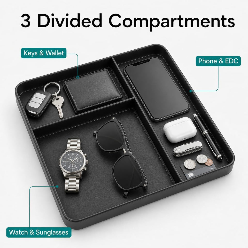 Valet Tray, PU Leather Nightstand Organizer with Divider