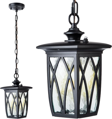 Dusk to Dawn Outdoor Pendant Lantern, 12 Inch Craftsman Style Exterior Hanging Light with Water Ripple Glass