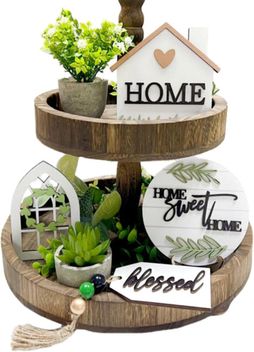 Farmhouse Tiered Tray Decor Beautiful Sweet Home Wood Sign Artificial Plant Rustic Tray Decorations - Set of 6