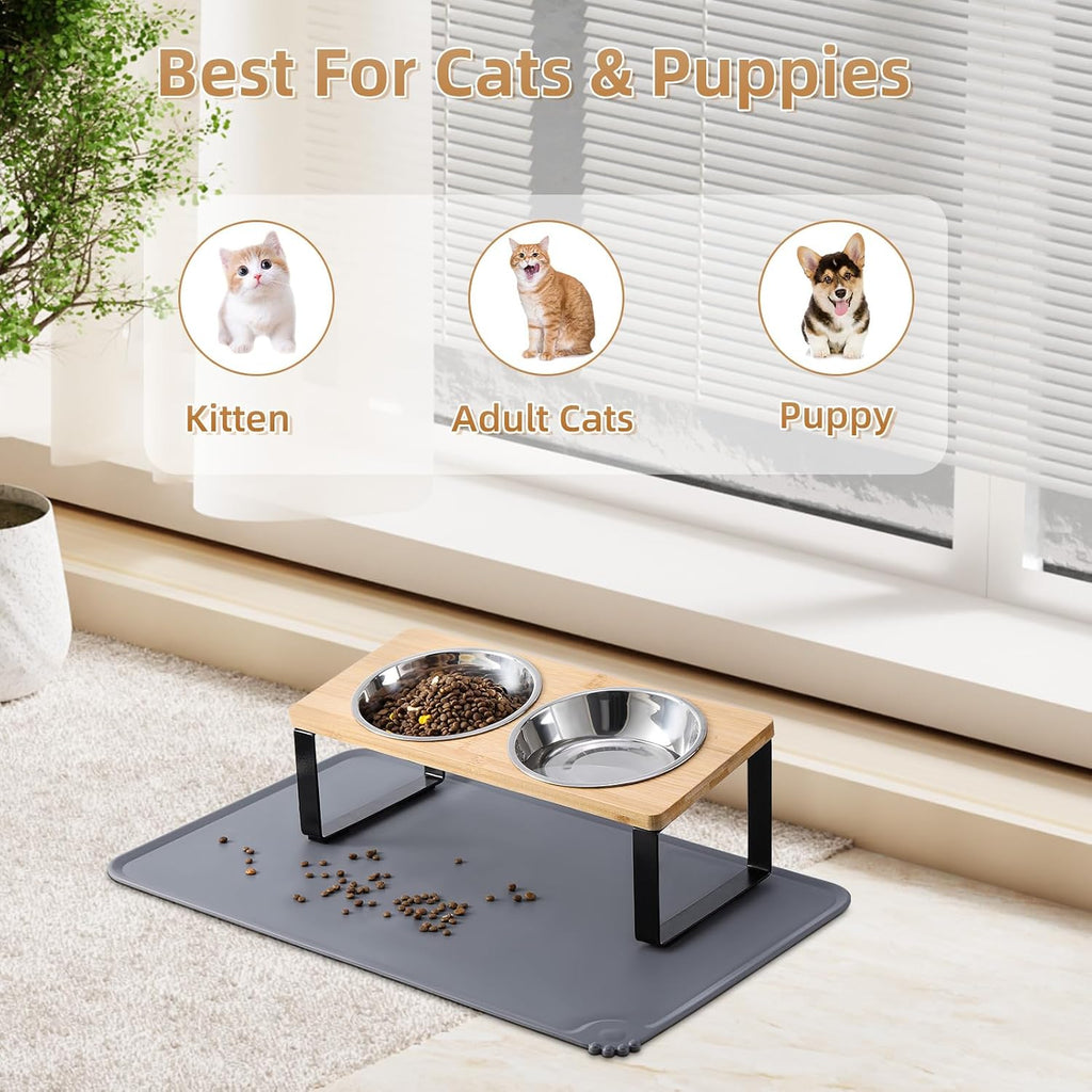 Upgraded Elevated Cat Bowls with Food Mat, 15°Tilted Stand Anti Vomiting Raised Cat Dishes for Food and Water, 2