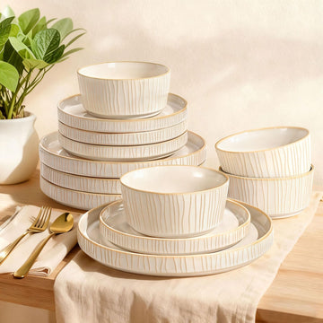 Reactive Glaze Ceramic Plates and Bowls Sets for 4, Stoneware Dinnerware Sets, Housewarming Gifts, Chip Resistant