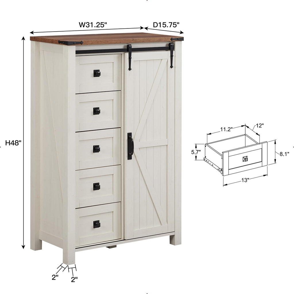 5 Drawers with Sliding Barn Doors, Antique White