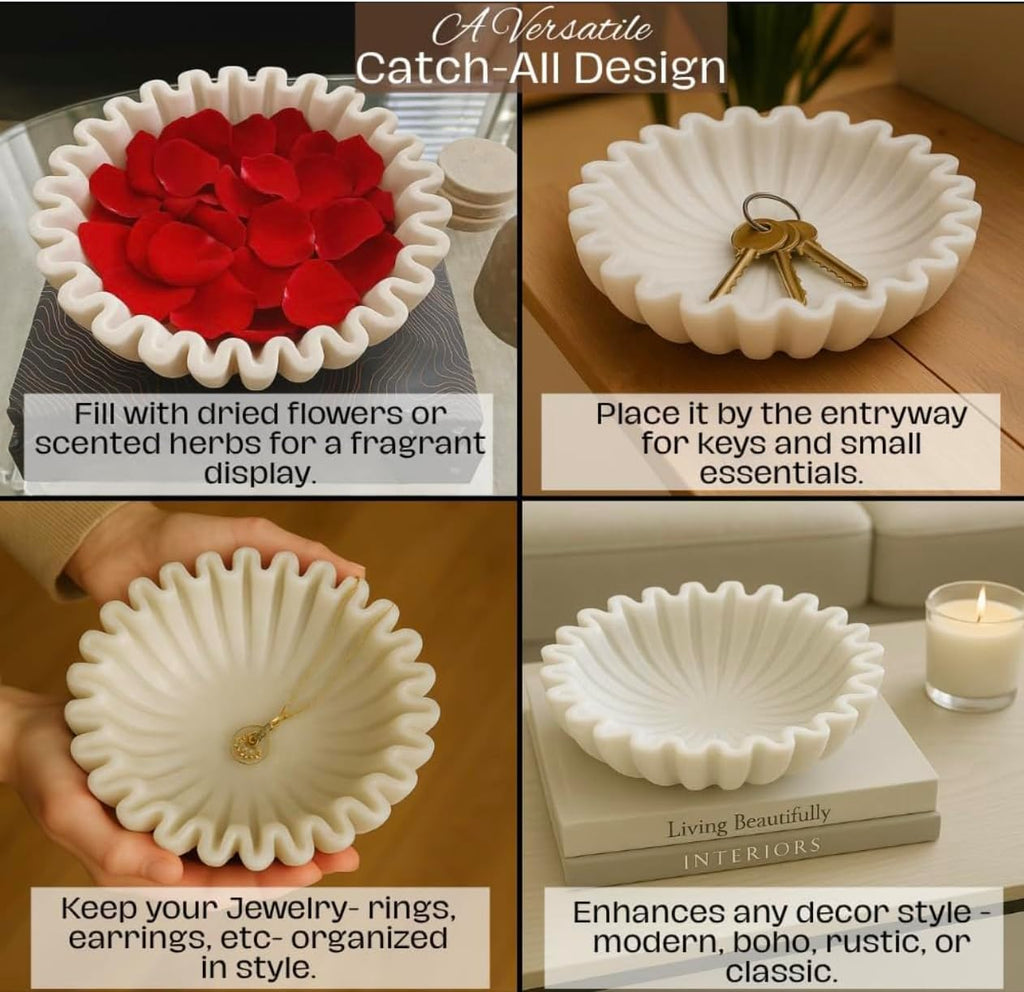 HandCrafted Marble Ruffle Bowl/Antique Scallop Bowl/Fruit Bowl/Vintage Ring Dish/Decorative Flower Dish/HouseWarming