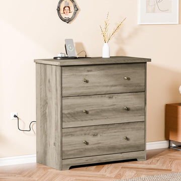 3 Drawer Dresser with Charging Station, Small Dresser Grey Chest of Drawers, 31.5" W Gray Wood Dressers, 15.75" D x