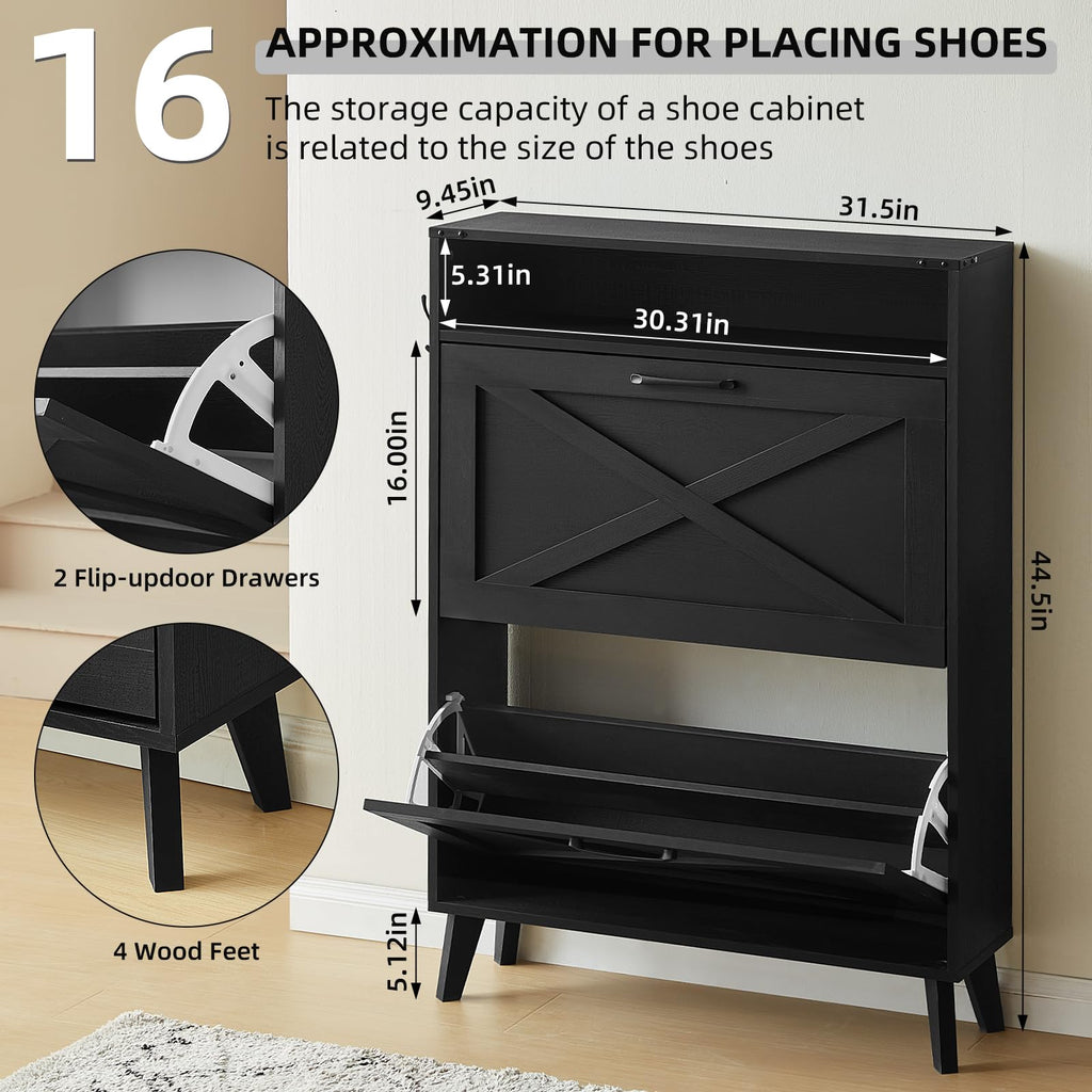Narrow Shoe Cabinet with 2 Flip Drawers, Black