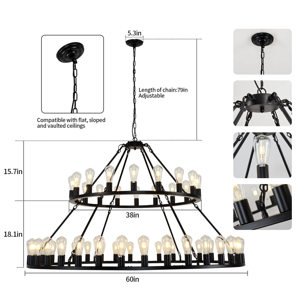Wagon Wheel Chandelier 2 Tier 54-Light 60-inch, Farmhouse Industrial Chandelier Black Rustic Pendant Light Fixture