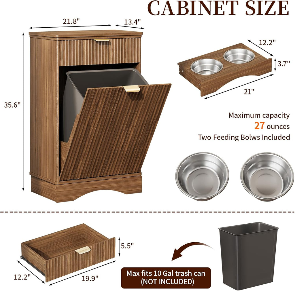 Pet Feeding Station, Dog Food Storage Cabinet with 2 Hidden Bowls, Walnut