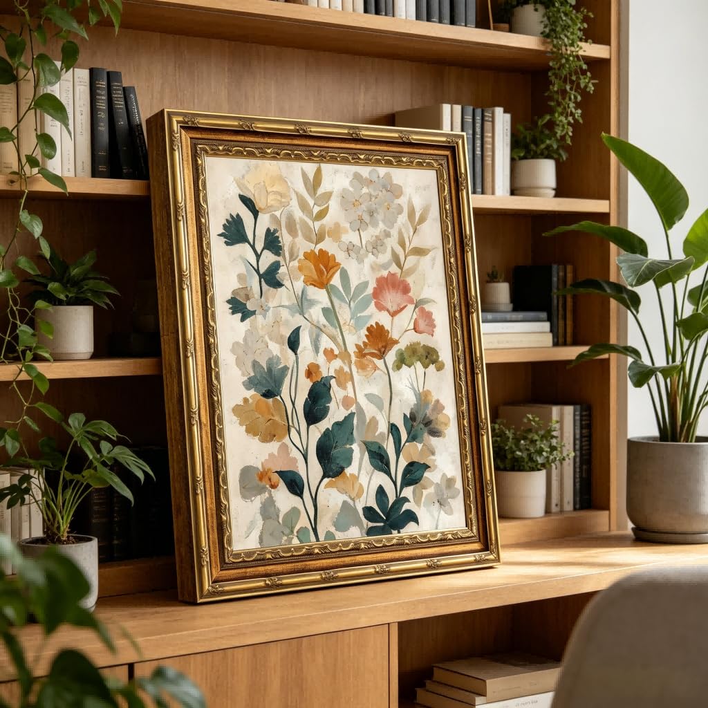 Gold Framed Beige Floral Canvas Wall Art Vintage Country Botanical Earth Tone Flower painting Decor Pictures Boho