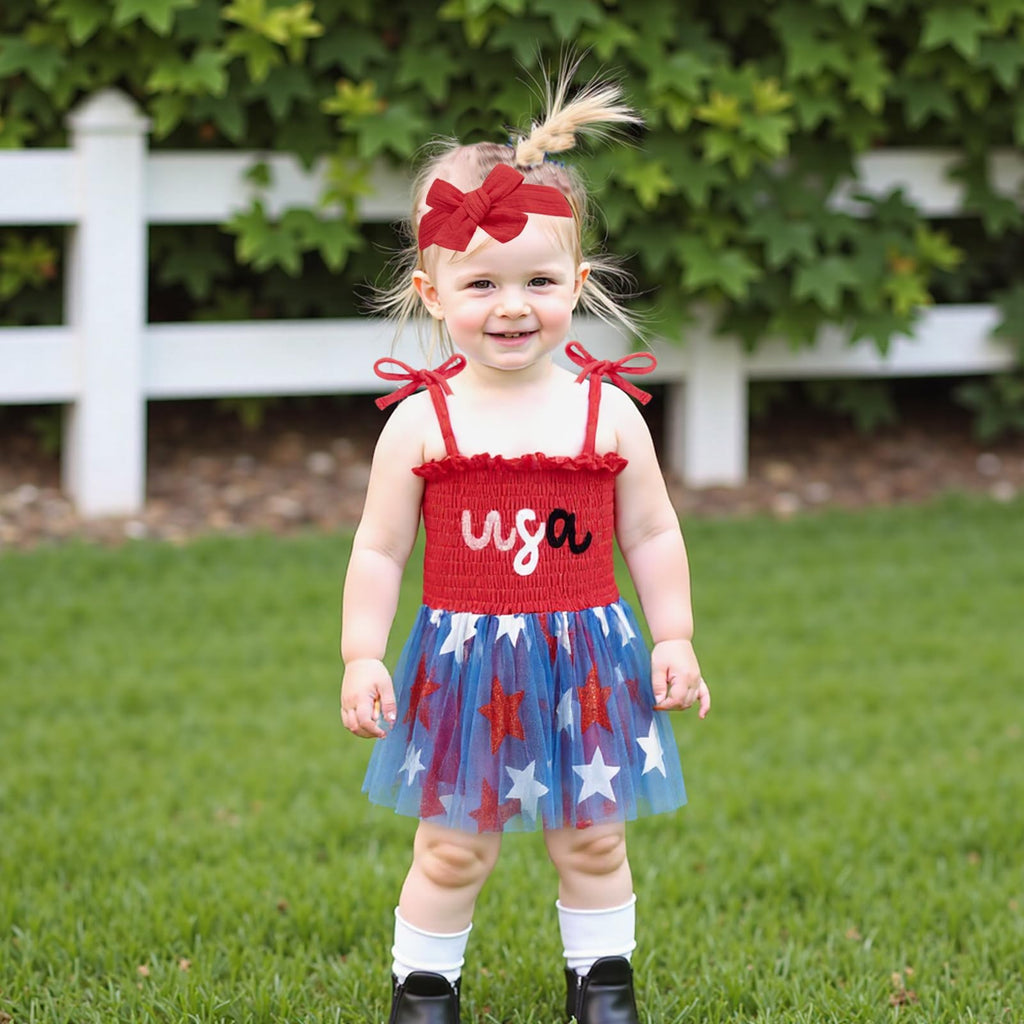 Newborn Infant 4th Fourth of July Baby Girl Outfits Bubble Romper White Red and Blue Clothes+Headband (USA Star Red