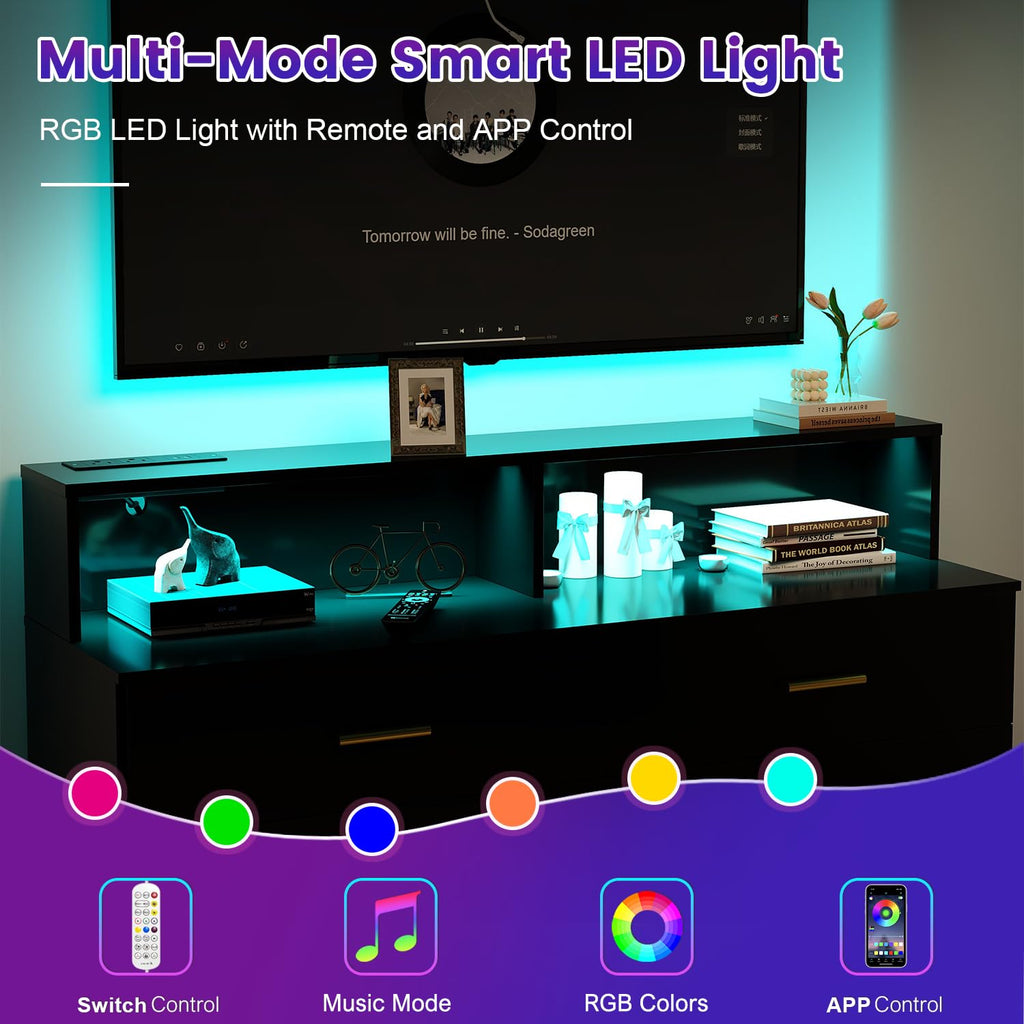6 Drawers Dresser with LED Light and Power Outlet, Wood Black Dressers & Chests of Drawers, Large Double Dressers
