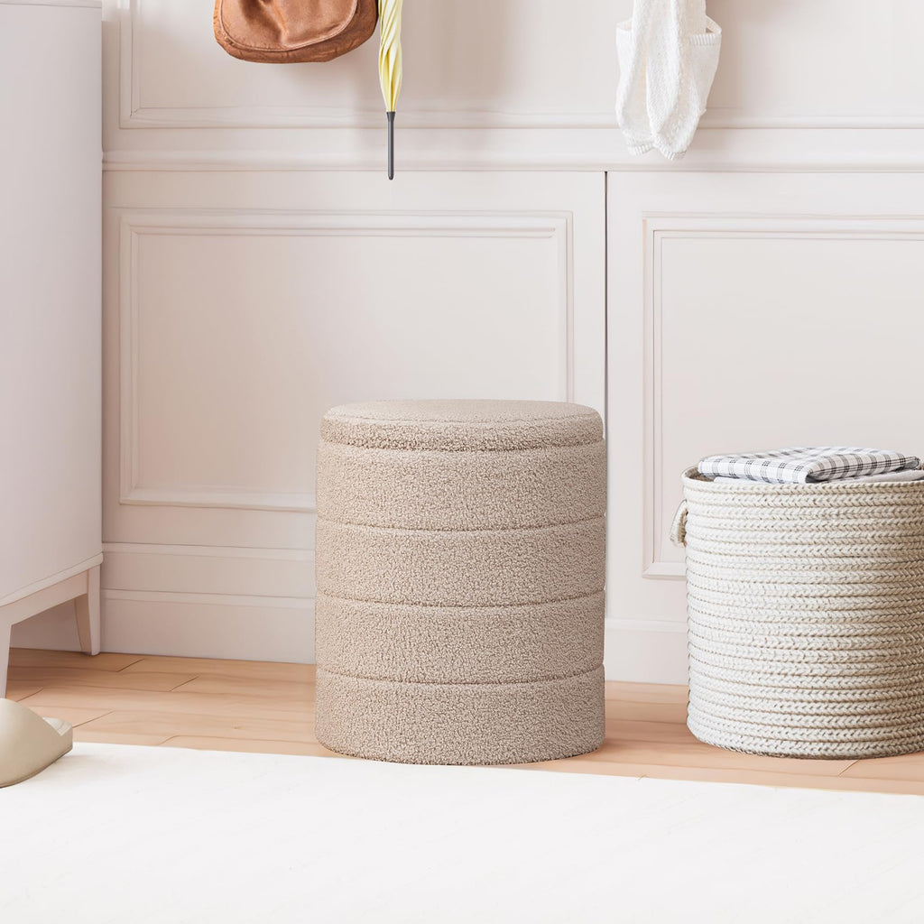 Compact Round Folding Storage Ottoman, Beige Boucle Footstool