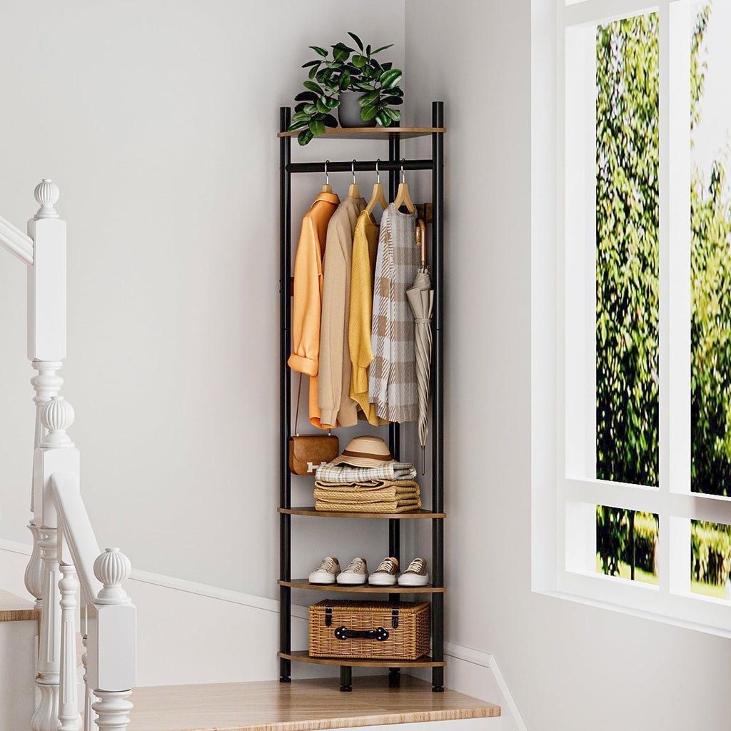 Corner Hall Tree with Shoe Rack Entryway Coat Rack with 6 Metal Movable Hooks Floor Standing Clothes Rack Organizer