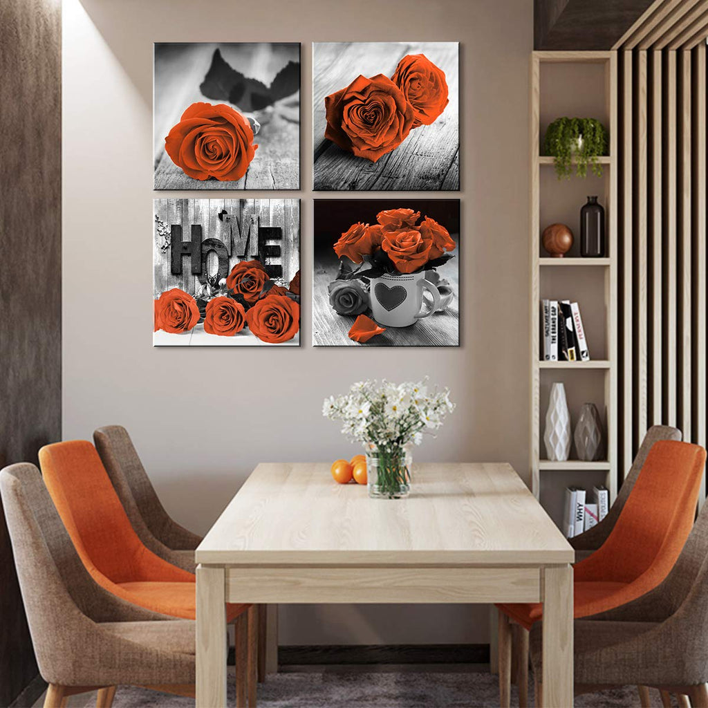 Farmhouse Flower Wall Art Burnt Orange Rose Pictures Couple Bedroom Wall Decor Rustic Nature Paintings Black and