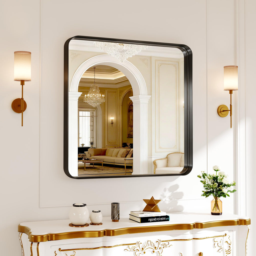 Bathroom Mirror for Wall, 30 Inch Square Mirror, Matte Black Metal Framed