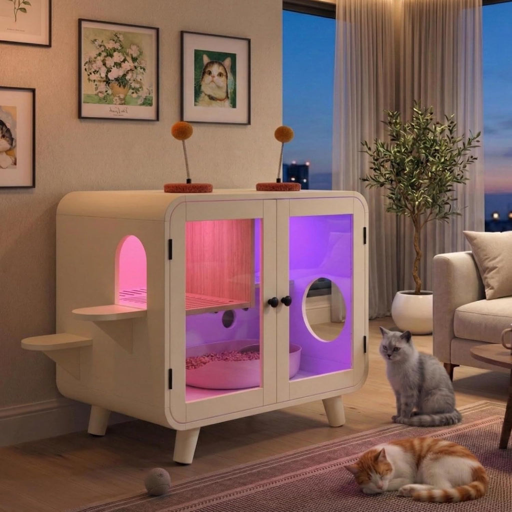 Cat Hidden Litter Box Enclosure with RGB LED Light, TV-Style Cat Litter Box Furniture Cabinet with Glass Doors, Side