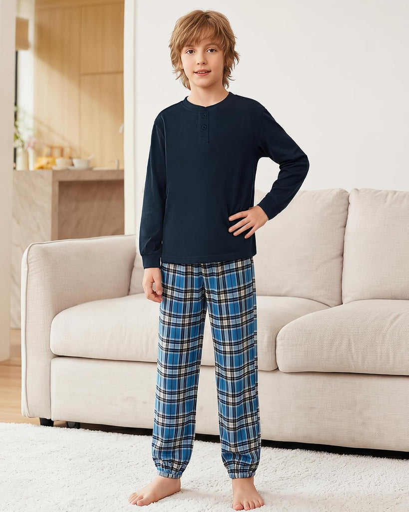 Boys Pajamas Plaid Pants Long Sleeve Henley 2 Piece Set Kids Sleepwear PJs Soft Loungewear for Boys