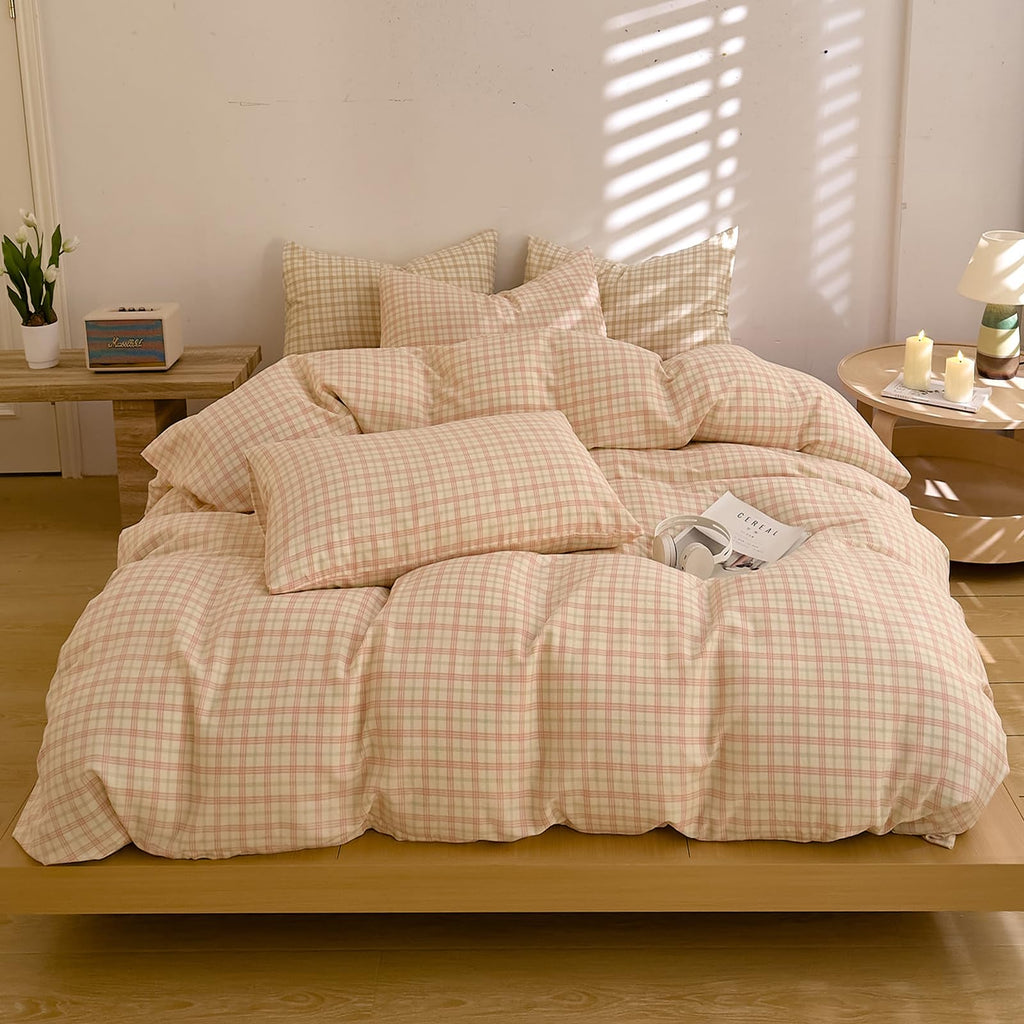 Pink Gingham Duvet Cover Set Twin, Yellow Plaid Grid Pattern Bedding Set Soft Muslin Cotton Gauze Comforter Cover