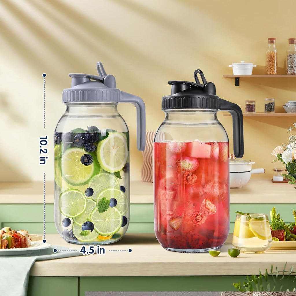 Glass Pitchers with Lid, Set of 2, 64OZ Leak-Proof Airtight Mason Jars, Wide Mouth Water Jugs for Cold Brew Coffee