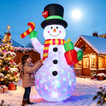 7 FT Christmas Inflatable Snowman Outdoor Decoration, Giant Blow up Snowman Holds Candy and Gift Boxes, Built-in