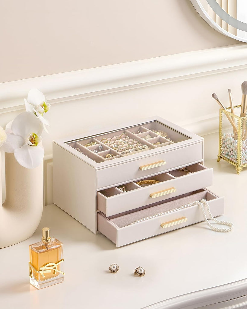 Jewelry Box Organizer, 3-Layer Jewelry Storage Case -Beige
