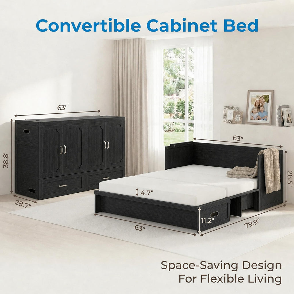 Queen Murphy Bed Cabinet with Tri-Fold Mattress Included, Black