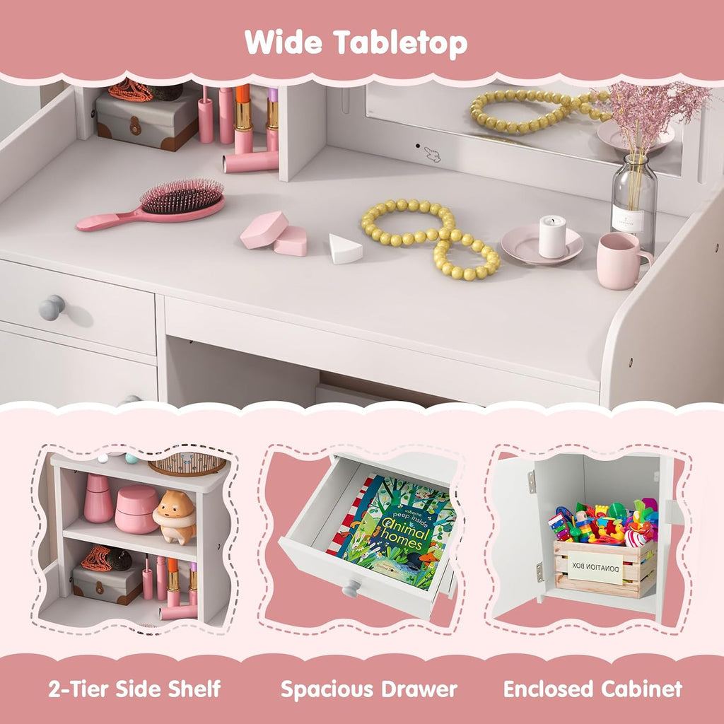 Kids Vanity Table and Chair Set with LED Lighted Mirror (White)