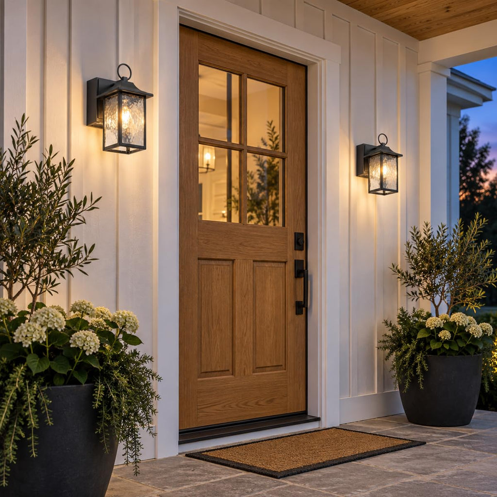 Farmhouse Outdoor Wall Lantern, Dusk-to-Dawn, Built-in GFCI Outlet