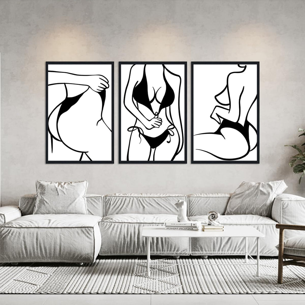 3 Sets Minimalist Woman Framed Canvas Wall Art Sexy Girl Figure Black White Line Posters Wall Decor Abstract Female