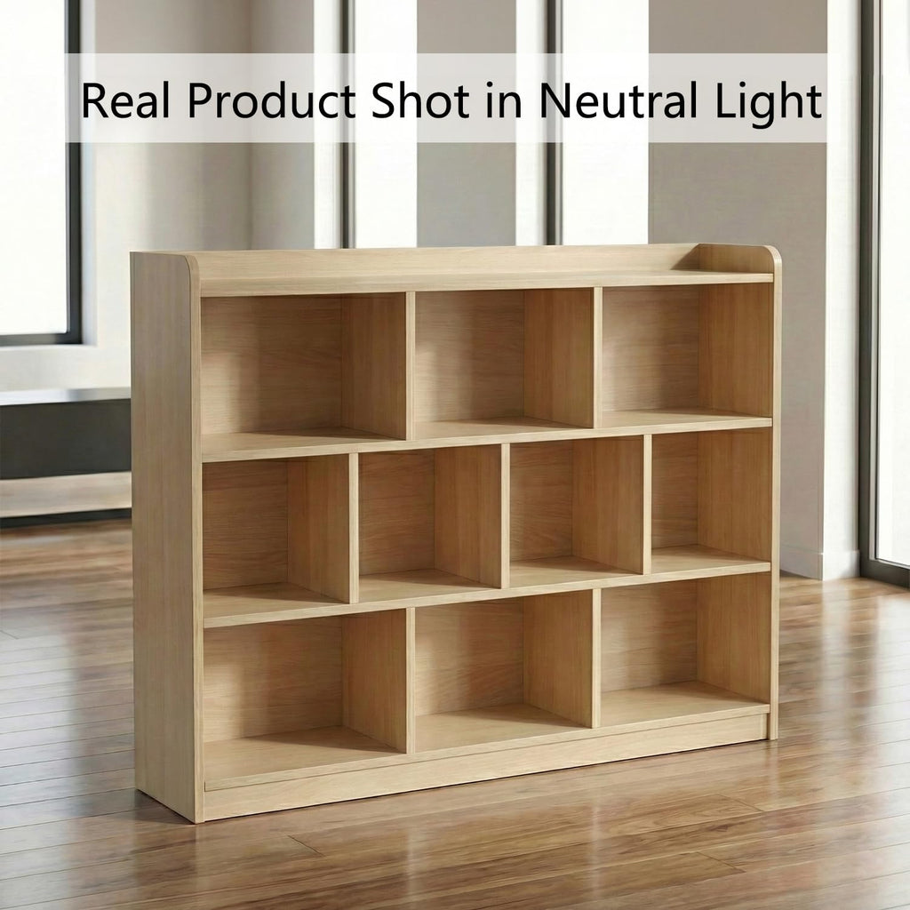 Oak Bookshelf, Wood Bookcase with 3 Tier Open Shelves, 10-Cube Minimalist Storage Shelf, 43.3" W x 35.4" H