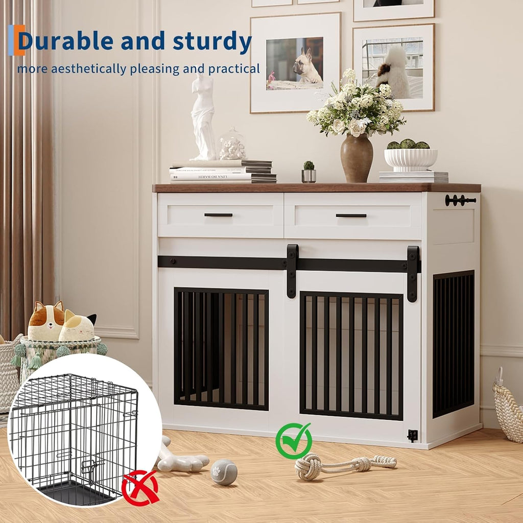 Large Dog Crate Furniture with 2 Storage Drawers, Heavy Duty Wooden Pet Kennel with Sliding Barn Door & Hook, Dog
