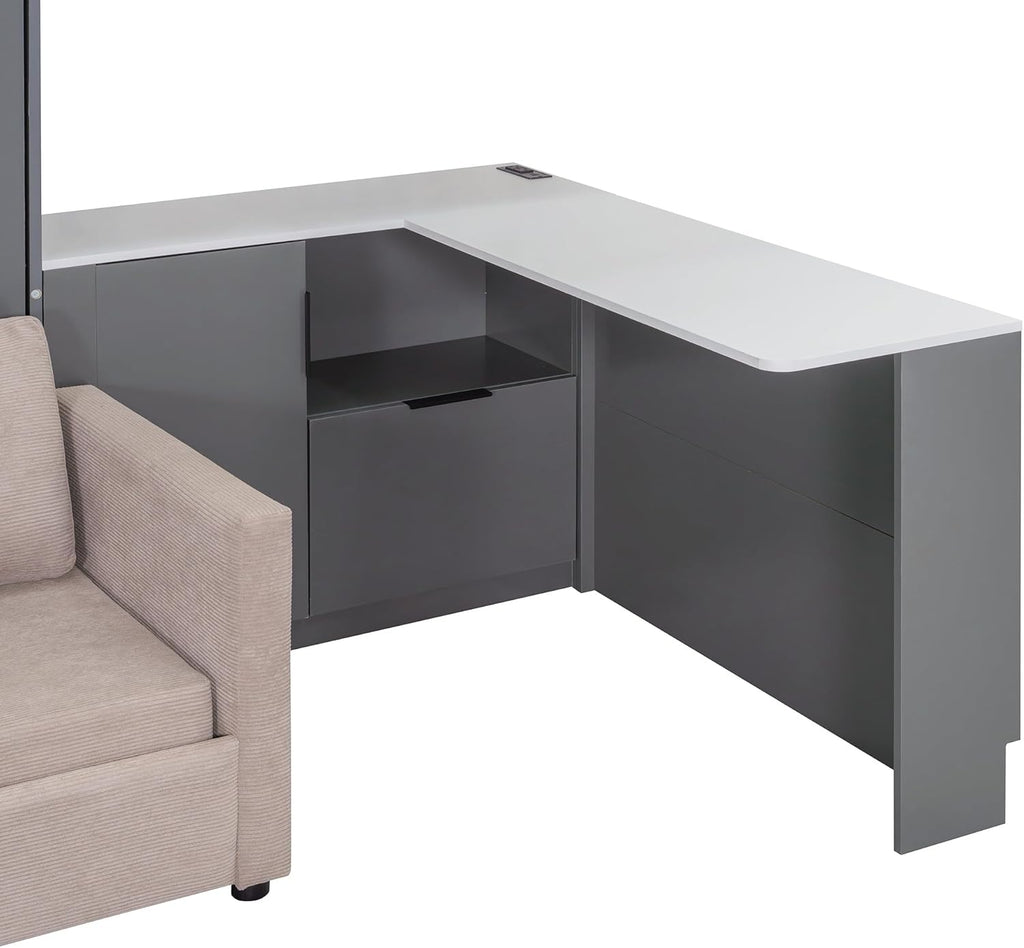 Queen Wall Murphy Bed with Upholstered Sofa & Desk, Solid Wood Foldable Platform Bed Frame with LED/USB Charging