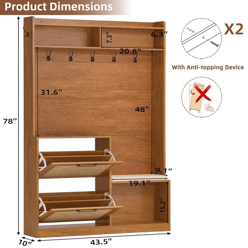 78" Tall Boho Hall Tree with Bench & Shoe Storage, 4-in-1 Mudroom Coat Rack with 2 Flip Rattan Drawers & Cushioned