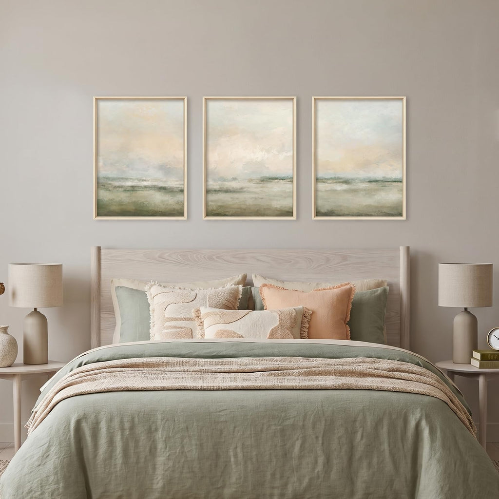 Abstract Beige Green Landscape Framed Canvas Wall Art Set- 12"x16"x3