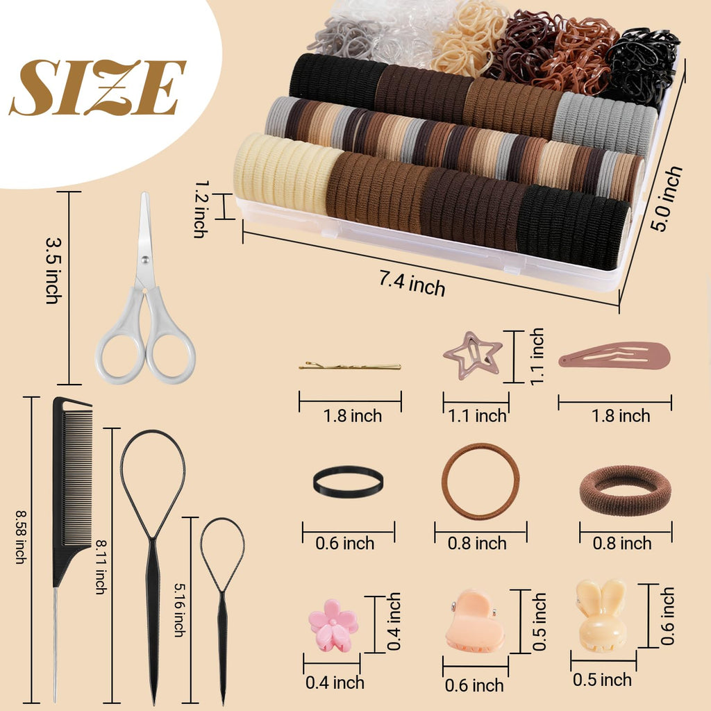 822PCS Hair Accessories for Girls, Elastic Hair Ties with Neutral Color Clips and Tools
