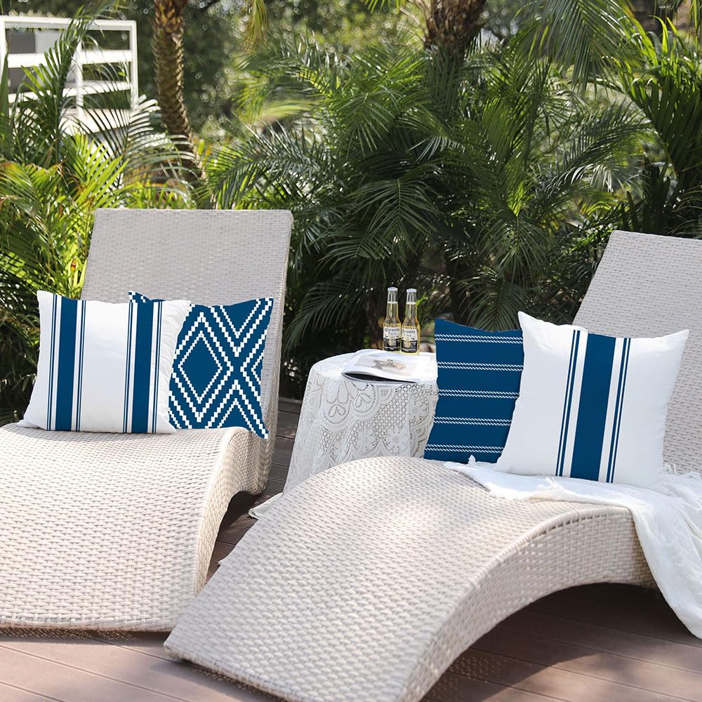 Outdoor Blue Waterproof Geometry Pillow Covers 20x20 Set of 4