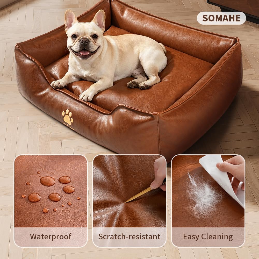 Waterproof Leather Dog Bed, Bolster Couch, 24x19x9 Brown