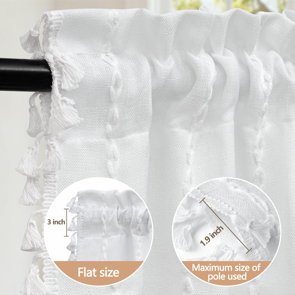 White Boho Farmhouse Valance Curtain with Tassels, 52 x 18 inch Linen Textured Window Curtain, Striped Light